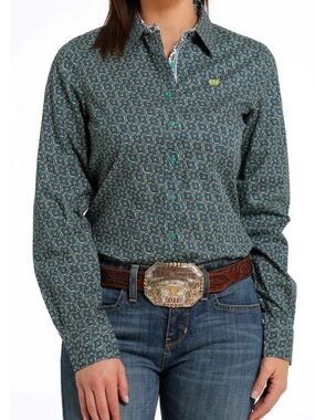 Cinch Shirt Womens XL Blue Green Geometric Long Sleeve Western Button Rodeo